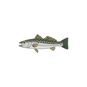 May include: Embroidered illustration of a fish with a speckled pattern. The fish has a light grey body with a dark green stripe along its back. The fins are a light yellow-brown color, and the tail is dark green.