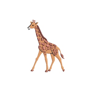 May include: An embroidered giraffe design in shades of brown and tan, with a textured appearance. The giraffe has a long neck, spots, and is walking. The design is likely for an applique or patch.