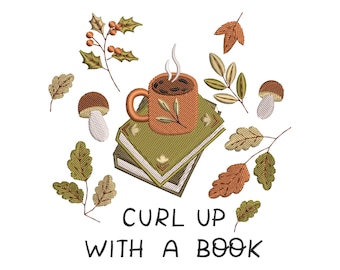Coffee and Books embroidery design, fall machine embroidery design, cozy autumn embroidery pattern, book lover embroidery file