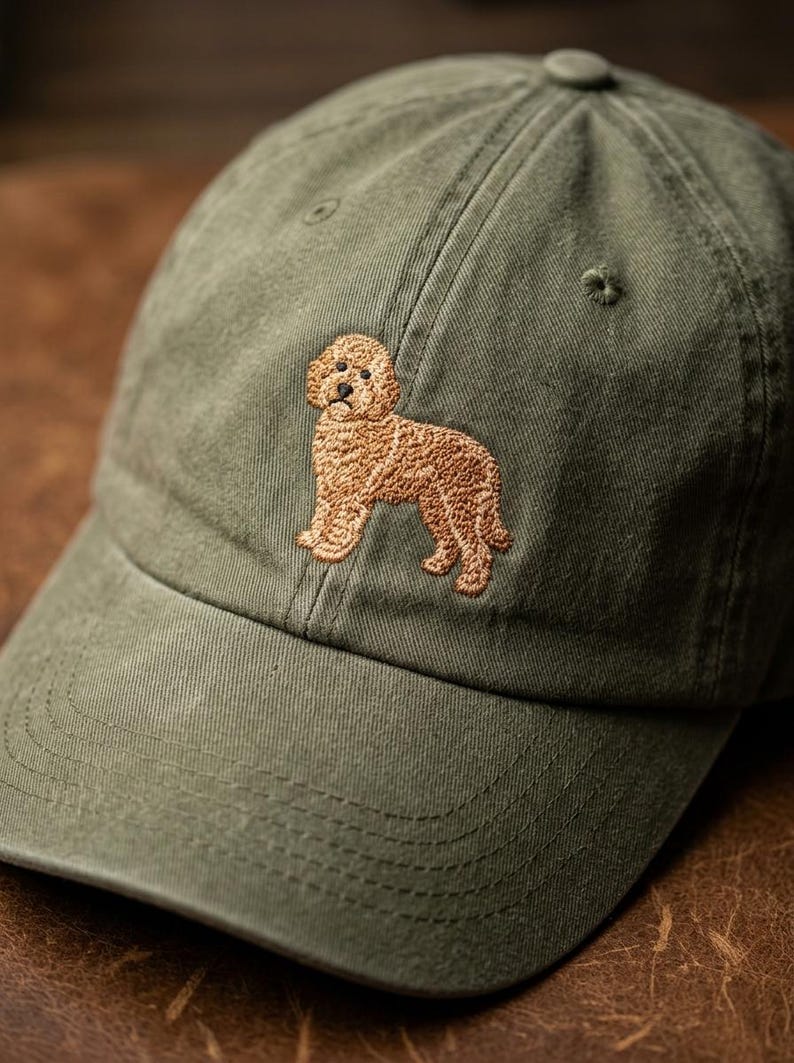 May include: An olive green baseball cap featuring an embroidered design of a light brown, curly-haired dog standing in profile. The cap has a structured crown, a curved brim, and tonal stitching details throughout the fabric of the hat.