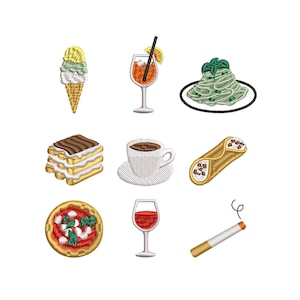 May include: An embroidered design featuring Italian food and drink items. The image includes an ice cream cone, a cocktail, pasta, tiramisu, coffee, a cannoli, pizza, a glass of wine, and a cigarette.