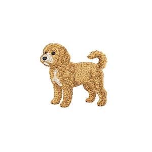 May include: An embroidered patch of a golden-brown curly-haired dog standing in profile. The dog features a white patch on its chest, a black nose, dark eyes, and a curled tail. The embroidery uses textured thread to mimic the appearance of fur.
