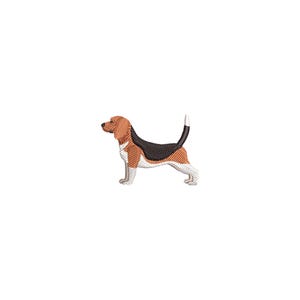 Puede incluir: Parche bordado de un perro beagle. El perro se representa de perfil, con la cabeza y las orejas marrones, la espalda negra y marrón, y el pecho y las patas blancas. La cola es negra con la punta blanca. Fondo blanco.