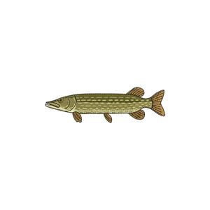 May include: An embroidered illustration of a pike fish. The fish is depicted in shades of green and brown, with detailed scales and fins. The artwork is set against a plain white background, highlighting the fish's form.