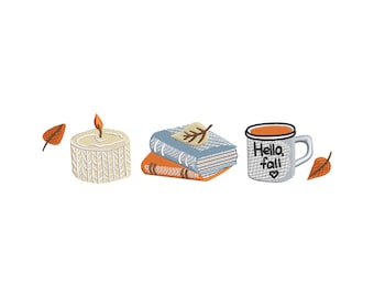 Motifs de broderie d'automne, motifs de broderie machine, fichiers de broderie, motif de broderie, motif de broderie livres et café, saison douillette