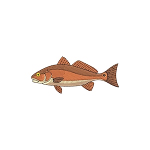 May include: Embroidered design of a redfish, a saltwater game fish. The fish is depicted in shades of brown and orange, with a yellow eye and detailed fins. The design is likely for apparel or home decor.