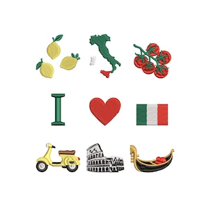 May include: Embroidered Italian-themed designs on a white background. Includes lemons, the Italian flag, a scooter, the Colosseum, a gondola, tomatoes, and the phrase "I heart".