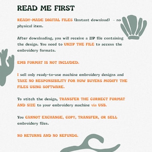 May include: A digital information sheet titled READ ME FIRST with dark green text and orange highlights. The document outlines instructions for downloading and using machine embroidery design files, featuring light green illustrations of a shell, coral, and a wave.