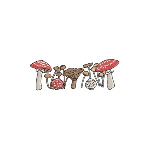 May include: An embroidered design featuring a variety of mushrooms in shades of red, brown, and beige. The mushrooms have detailed caps and stems, with some displaying a dotted pattern. The design is set against a white background.
