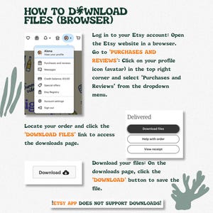 May include: An instructional graphic titled HOW TO DOWNLOAD FILES (BROWSER) with dark green text on a light background. It features screenshots of an Etsy account menu, a delivered order status, and a download button with step-by-step instructions.