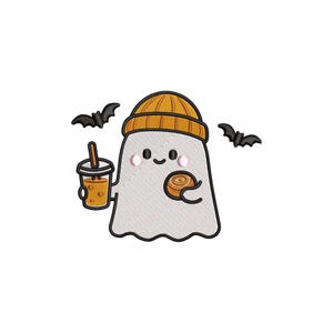 Cute Ghost with Donut and Coffee Machine Embroidery Design, Halloween Ghost Embroidery Pattern, Kawaii Spooky Embroidery File