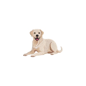 May include: An embroidered patch of a light tan Labrador Retriever dog in a lying position. The dog has a black nose, a pink tongue visible in its open mouth, and detailed stitching that creates a textured appearance of fur throughout the design.