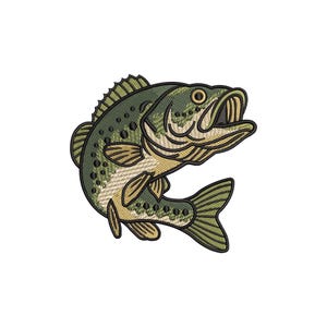 May include: Embroidered patch of a largemouth bass fish. The fish is in shades of green, tan, and black, with detailed scales and fins. The fish has an open mouth. The patch is likely for a fishing enthusiast, and could be sewn onto clothing.