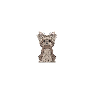 May include: A machine-embroidered design of a Yorkshire Terrier dog in shades of brown and tan. The dog is sitting upright with its head and ears erect, and its fur is detailed with textured stitching. The background is plain white.
