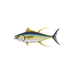 May include: Embroidered image of a tuna fish. The fish has a yellow and blue dorsal fin, yellow pectoral fins, and a black tail. The body is a mix of yellow and silver, with a blue stripe along the top.