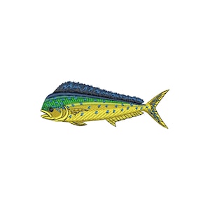 May include: Embroidered image of a mahi-mahi fish. The fish has a yellow body with blue spots and a blue and green dorsal fin. The tail is yellow with a forked design. The fish is facing left.
