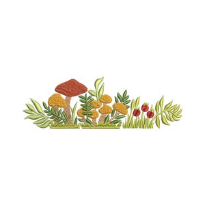 May include: An embroidered design featuring a cluster of mushrooms in shades of orange and yellow, surrounded by green leaves and grass, and red berries. The design is set against a white background.