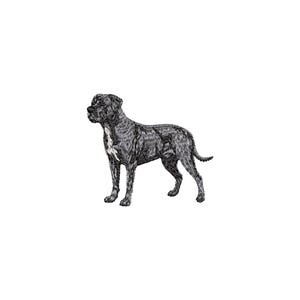 May include: A detailed illustration of a brindle dog standing on a white background. The dog has a short coat with a mix of black and gray stripes. It has a white patch on its chest and is facing left.