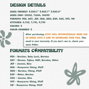May include: A digital embroidery design information sheet listing sizes in inches and millimetres, stitch counts, and file formats including PES, DST, JEF, HUS, SEW, EXP, XXX, VP3, and VIP. It details machine compatibility for brands like Brother, Janome, and Pfaff.