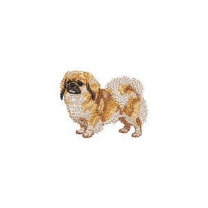 May include: An embroidered Pekingese dog with a fluffy, light brown and white coat. The dog is standing on a white background, showcasing its detailed features and texture. The dog's face is dark brown with black eyes and a black nose.