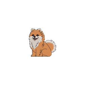 May include: A cartoon-style embroidered Pomeranian dog in shades of orange, white, and brown. The dog is sitting with a happy expression, featuring a fluffy coat and a curled tail. The design is on a white background.