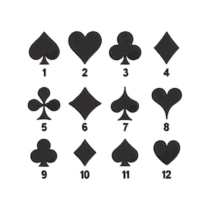 Könnte beinhalten: Auf weißem Hintergrund sind zwölf schwarze Spielkartensymbole abgebildet: Pik, Herz, Kreuz und Karo. Jedes Symbol ist von 1 bis 12 nummeriert. Die Symbole sind mit einem strukturierten Aussehen gestickt.