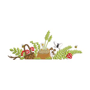 May include: An embroidered design featuring a woodland scene. A brown basket, red mushrooms with white spots, and a tree stump are surrounded by green foliage, white daisies, and a butterfly. A bee flies nearby.