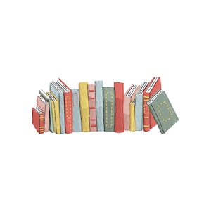 May include: A collection of embroidered books in various colors, including red, yellow, blue, and green. The books are arranged in a row, with some leaning slightly. The image has a white background.