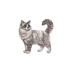 May include: An embroidered patch of a long-haired cat with grey and white fur. The cat is standing in profile, facing left, with its tail curled upward. The design features detailed stitching that mimics the texture of fluffy fur and whiskers.