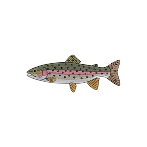 May include: Embroidered image of a rainbow trout. The fish has a green back, pink stripe, and a speckled pattern. The fins are yellow and brown. The trout is a popular fish for fly fishing.