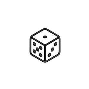 Pode incluir: Um dado de seis lados branco com contornos pretos grossos e pontos circulares pretos. A face superior mostra um ponto, a face esquerda mostra cinco pontos e a face direita mostra três pontos. O design é apresentado num estilo gráfico limpo.