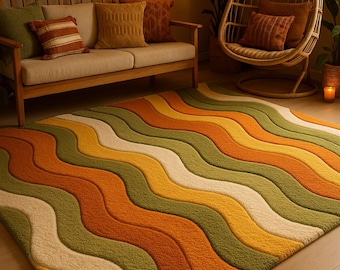 Retro Wavy Area Rug Mid Century Modern Hand Tufted Wool Terracotta Green Cream Plush Textured Living Room Rectangle 5x7 6x9 8x10 9x12 Custom
