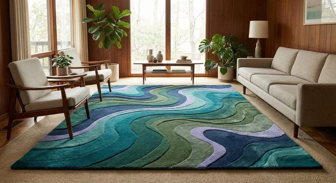 Abstract Green Blue Area Rug, Modern Wave Pattern Carpet, Contemporary ...