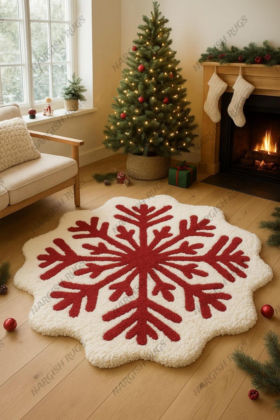 White Snowflake Rug | Handmade-tufted Wool Holiday Carpet | Santa Rug ...