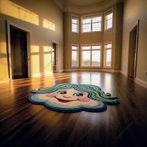 Hand-Tufted Wool Smiley Face Rug:5x8 Whimsical KidsRoom Decor Colorful Novelty Rug Gift For Baby