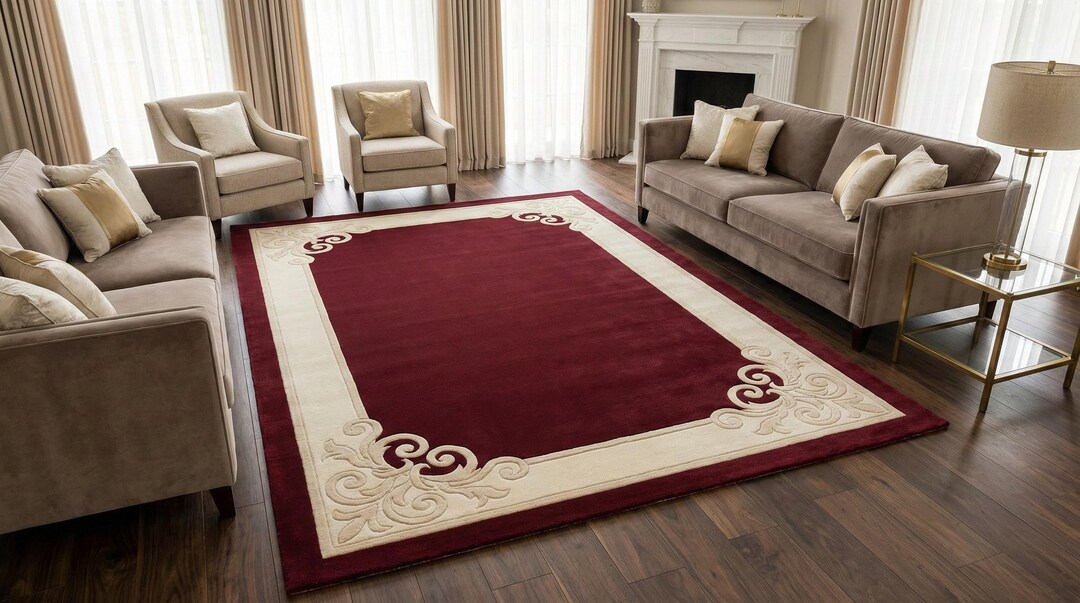 Hand Tufted Luxurious Burgundy Border Area Rug | Elegant Classic Scroll ...