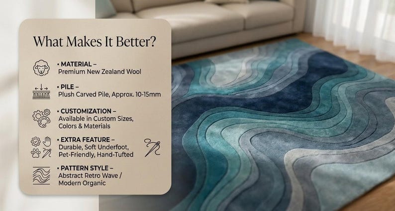 Abstract Blue Area Rug | Hand Tufted Wool Blend, Modern Wave Design for ...