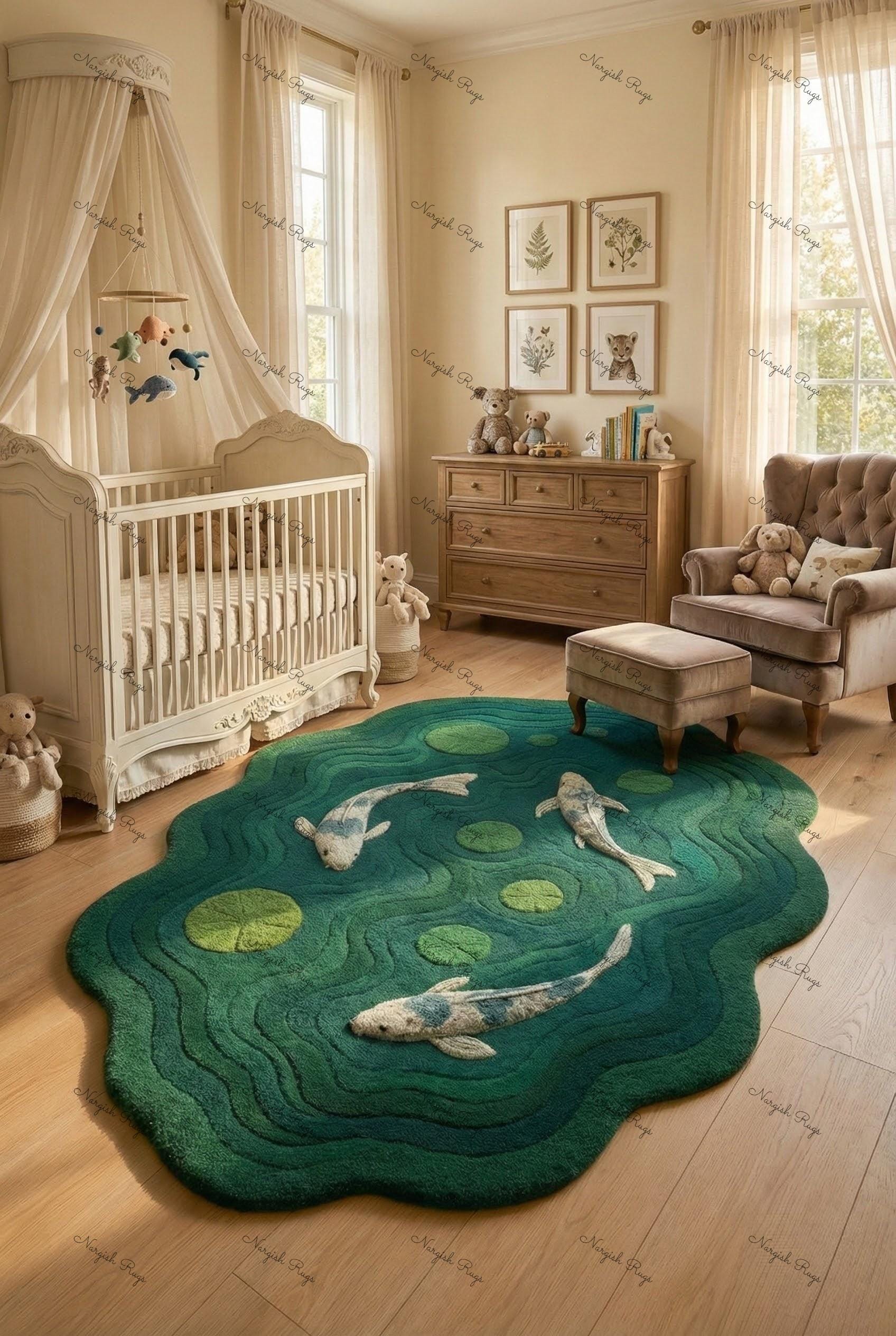 Hand Tufted Wool Rug ,koi Fish Pond Rug Serene Green Irregular Shape ...