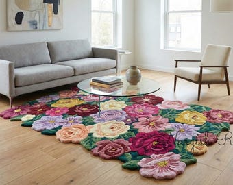 Handmade-Tufted Floral Bloom Rug | Colorful 3D Flower Carpet | 5x8 \ 6x9 Wool Area Rug for Living Room | Cottagecore & Boho Home Decor.