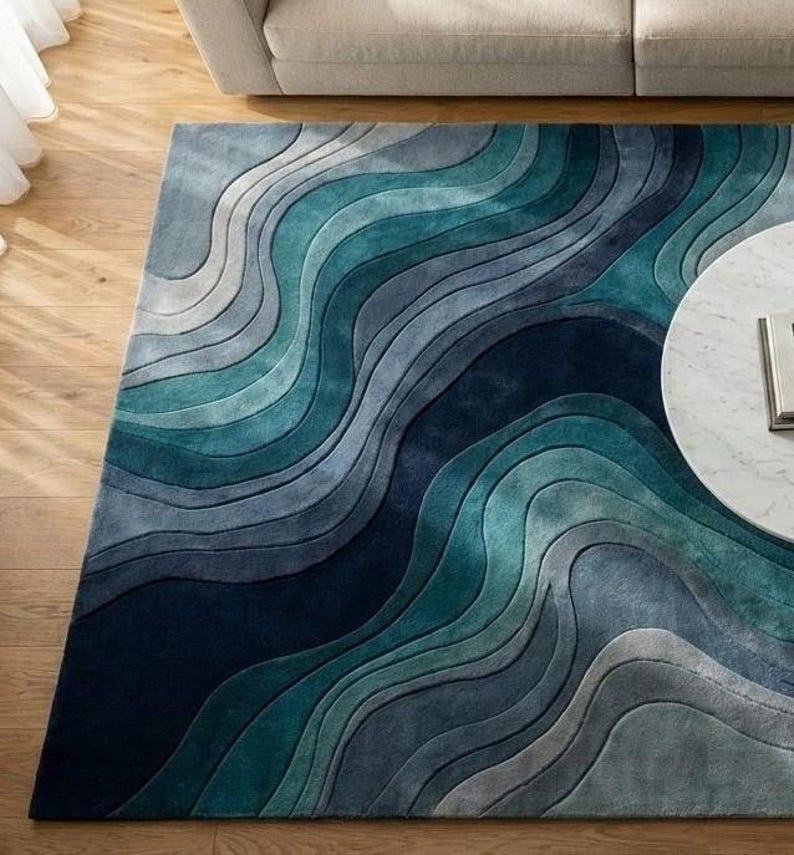 Abstract Blue Area Rug | Hand Tufted Wool Blend, Modern Wave Design for ...