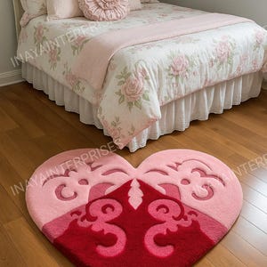 Hand-Tufted Wool Heart Rug: Pink & Red Floral Bedroom Carpet
