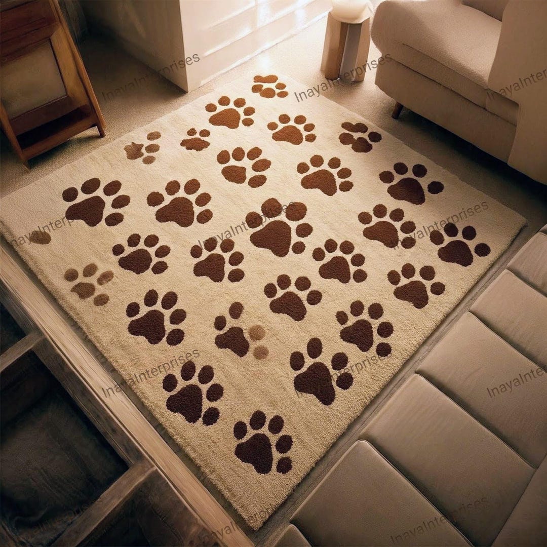 Dogtooth Rug Hand-tufted Wool Paw Print Rug: Beige & Brown, Pet Lover Decor - Etsy