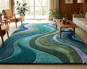 Handmade Tufted Teal Wave Sculpted Area Rug,Mid Century Modern 3D Textured Carpet, Ocean Inspired Living Room Rug | 6x9 \ 7x10 \ 8x10 \ 9x12