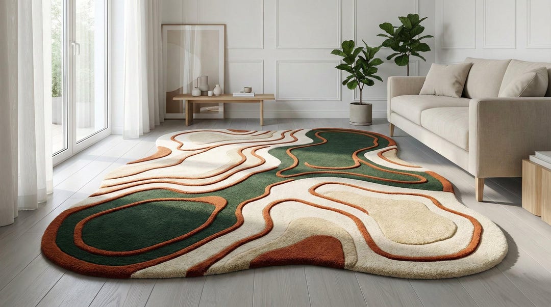 Green Earthy Pattern Rug Organic Wavy Abstract Rug | Hand Tufted Wool Carpet | Earthy Green ...
