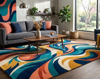 Handmade Retro Wool Rug | Colorful Mid-Century Modern Abstract Design | Artistic Wave Pattern Area Rug, Contemporary Home Decor 8x10 \ 9x12