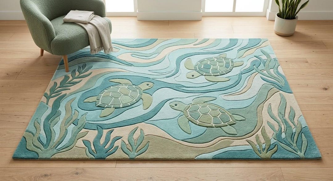 Coastal Sea Turtle Rug, Ocean Themed Area Rug, Beach House Decor, Kids ...