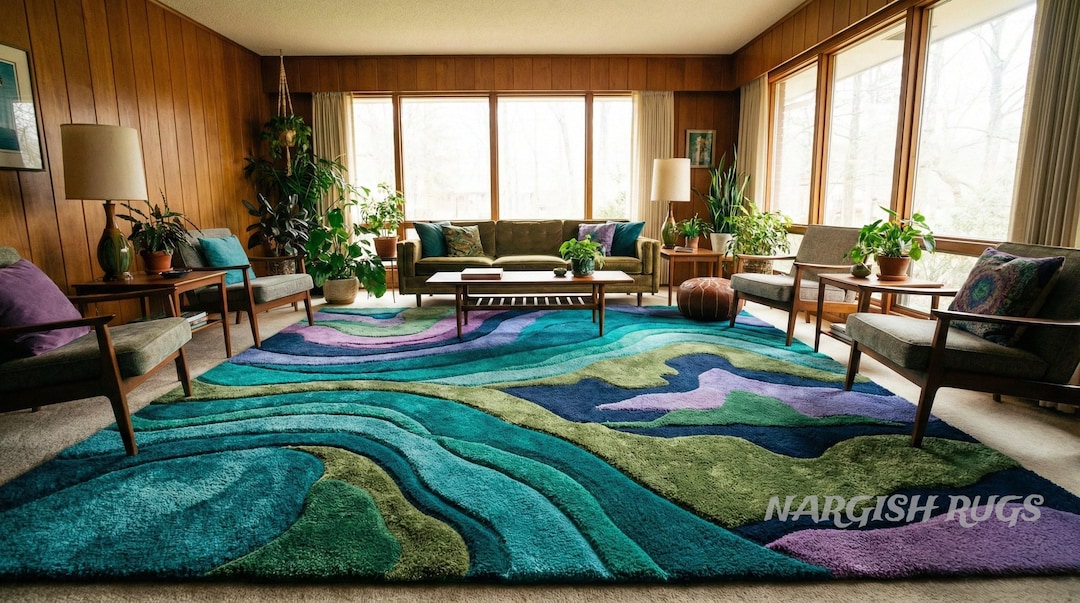 Handmade Retro Wool Rug | Colorful Mid-century Modern Abstract Design ...
