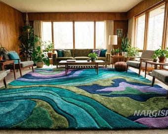 Handmade Retro Wool Rug | Colorful Mid-Century Modern Abstract Design | 6x9 \ 7x10 \ 8x10 \ 9x12 Hand Tufted Wool Area Rugs