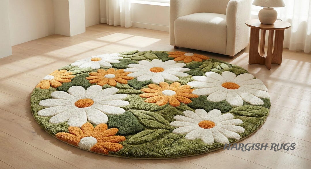 Round Daisy Flower Rug | Handmade Tufted Green Floral Shag Carpet | 3D ...