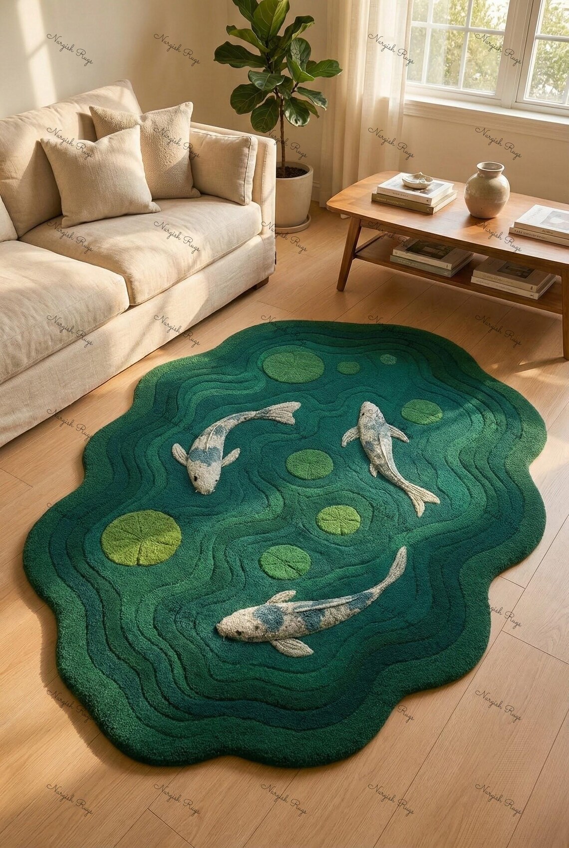 Hand Tufted Wool Rug ,koi Fish Pond Rug Serene Green Irregular Shape ...